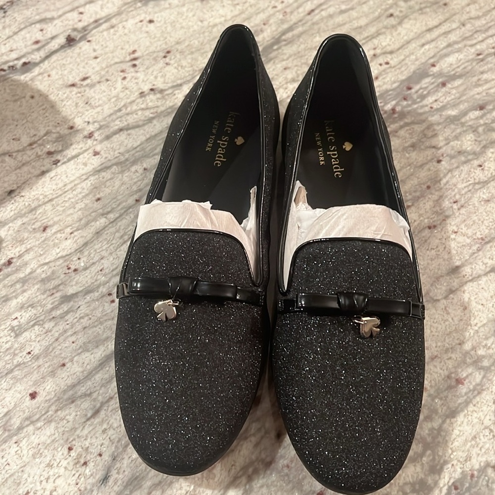 KATE SPADE NEW YORK GEORGIA GLITTER LOAFERS, SIZE 10B, BLACK NIB